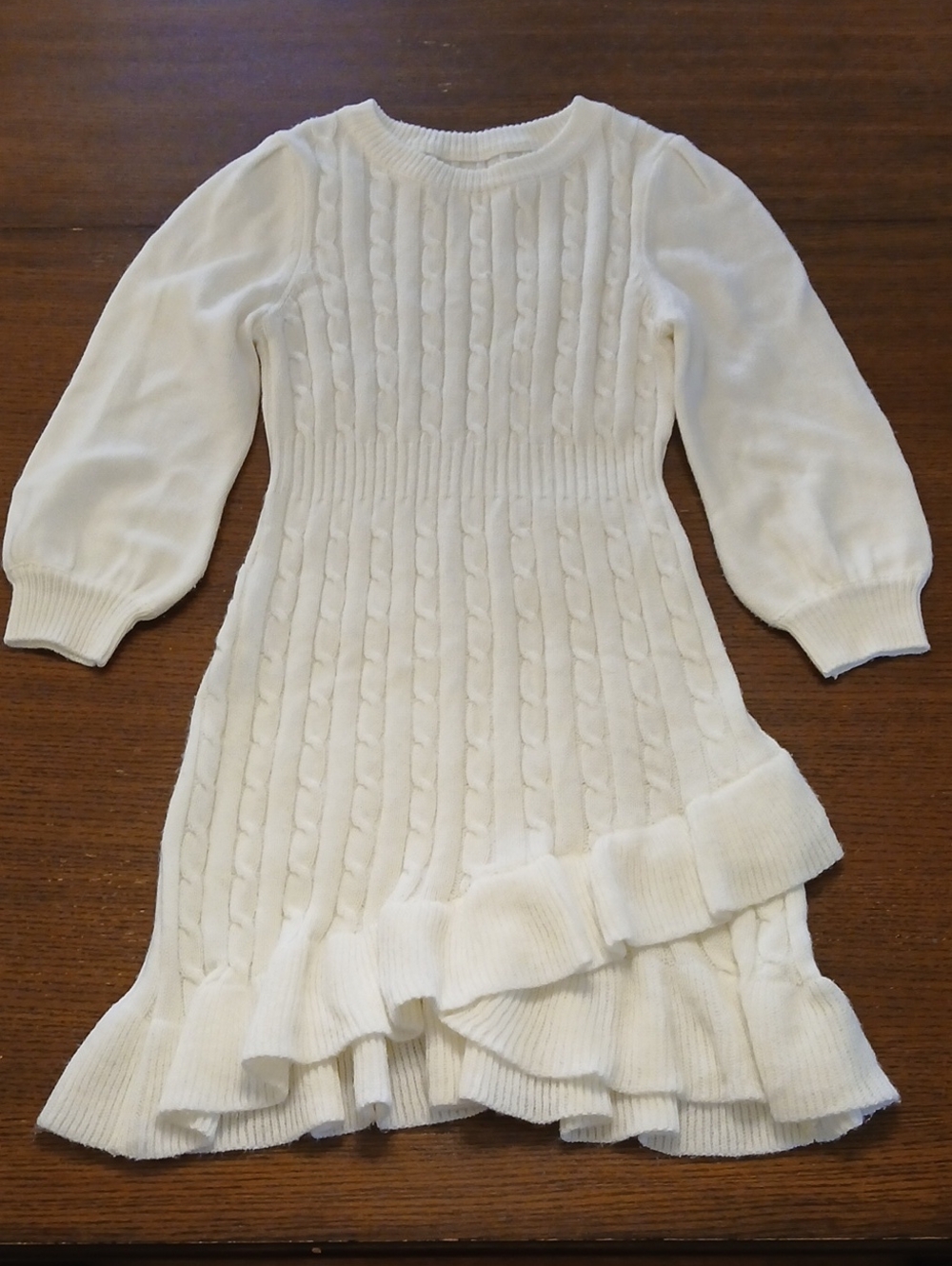 Poppies & Roses Girls Cream Cable-Knit Ruffle Dress